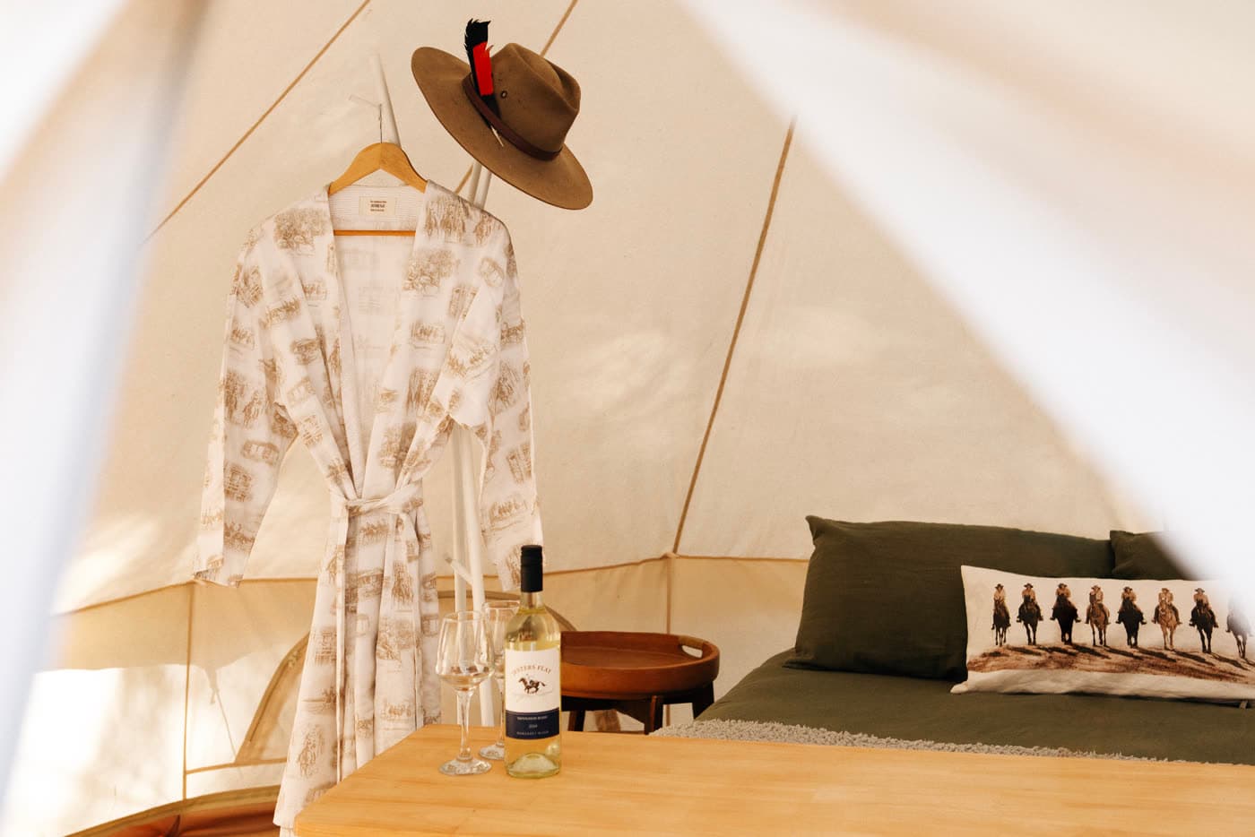 A Jesters Flat robe and Akubra in a bell tent, Jesters Flat